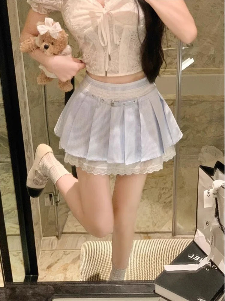 Épicée fille dentelle garnie Plaid plissé ort jupe femmes printemps été collège Sle petite taille a-ligne Anti-lumière f jupe