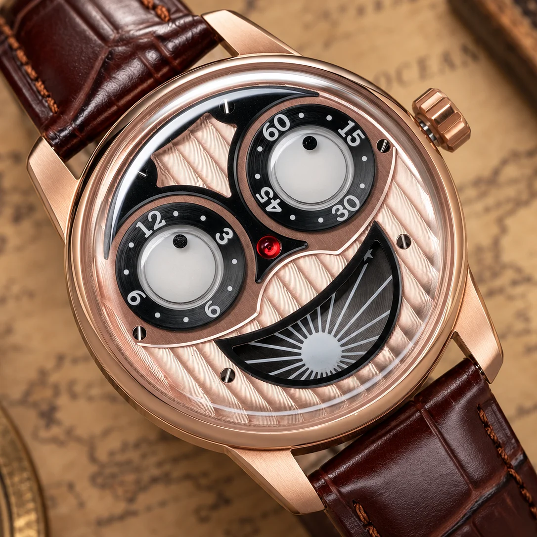 OBLVLO JM-JOKER Men's Automatic Watch Unique Joker Design Rose Gold Self-Winding with Brown Leather Strap Fashion Accessory