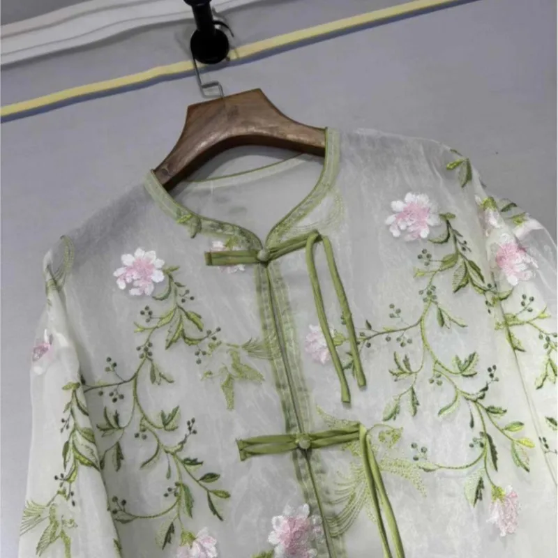 New Chinese Women's Silk Organza Floral Embroidered Coat Color Matching Long Sleeve Tassel National Style Top