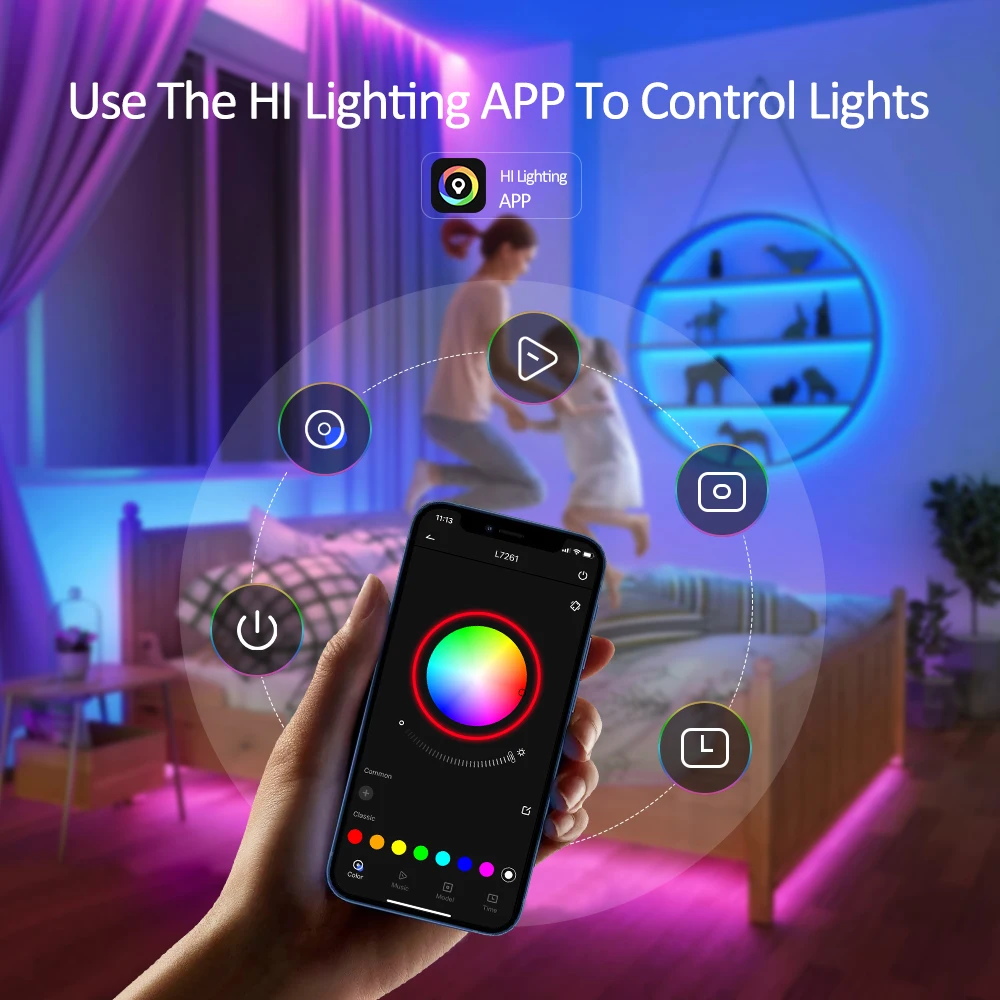 12V 5050 RGB LED Strip Light with APP/Remote Control, DIY Tape Color Change Flexible Ribbon Music Sync, Timer for Room Gift