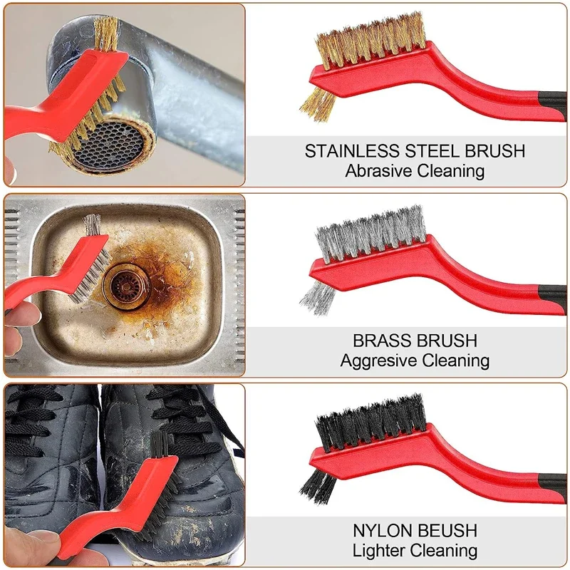 Wire Cleaning Brush Stainless Steel/Brass/Nylon Bristles Brush Polishing Rust Remover Kitchen Stove Sink Scrubbing Cleaning Tool