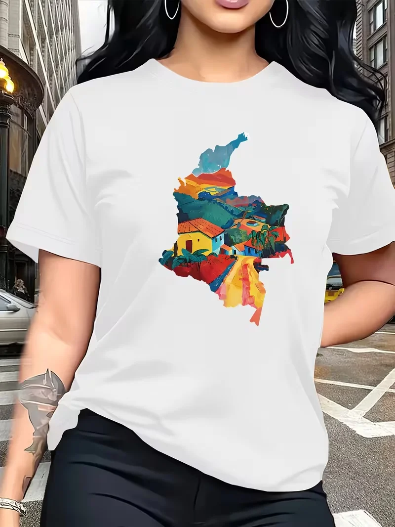 Round Neck T-Shirt MadeTropical Plants' in The Shape of A Map of Colombia Women T Shirt Vintage T-shirts Women's Clothing Tops