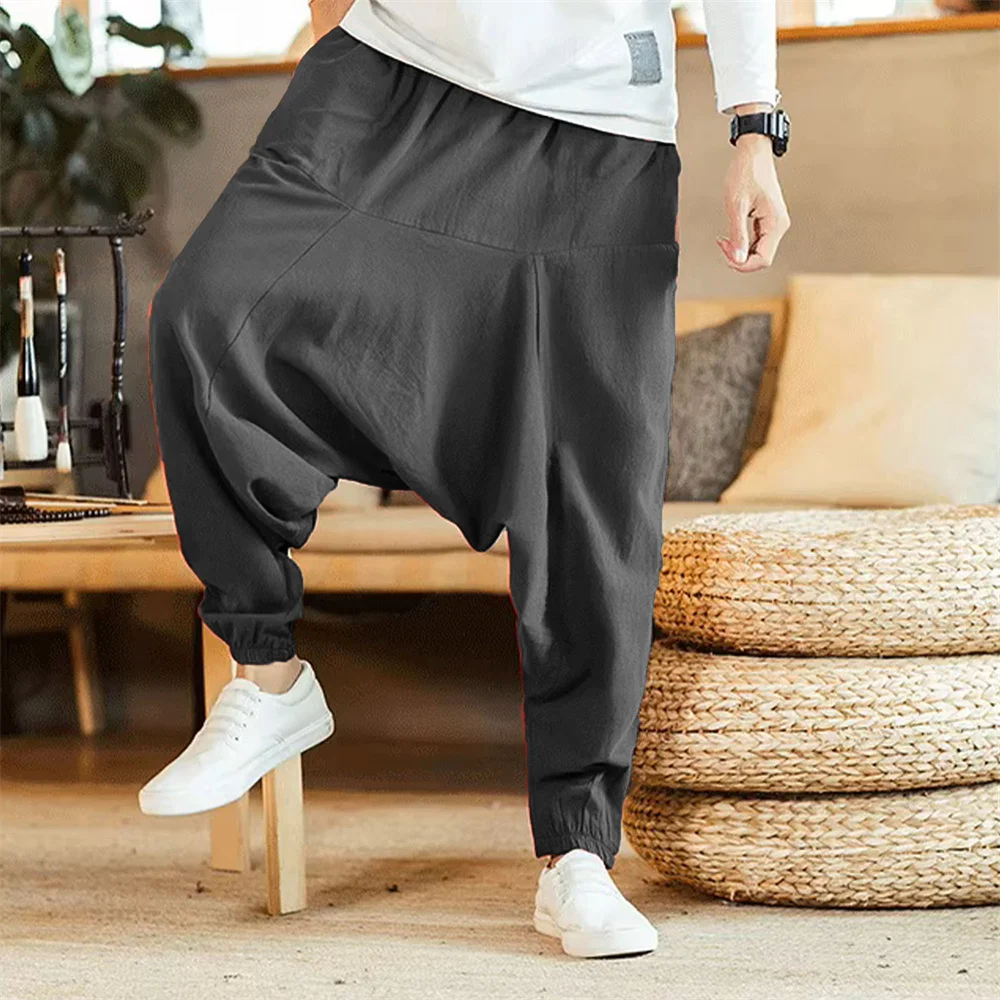 الرجال القطن والكتان السراويل سراويلي حريمي فضفاض عادية كبيرة الحجم فضفاض ركض بنطال ذو قصة أرجل واسعة اليوغا قطرة المنشعب بنطلون الهيب هوب