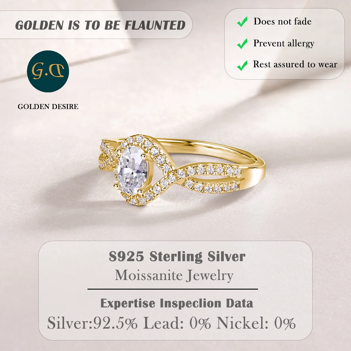 

0.5 Carat Oval-Cut Moissanite Gold-Plated Ring for Women - 925 Sterling Silver Twisted Band Engagement Jewelry