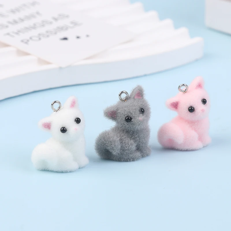 2.8cm Cute 3D Flocking Small Cat Keychain Resin Cat Couple Mobile Phone Pendant Car Keyring Earphone Backpack Charms Bag Decor