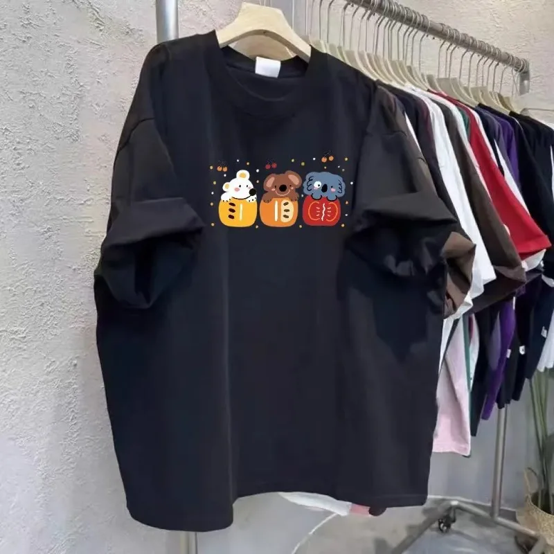 Oversize Crew Neck Cotton T Shirt Cute Cartoon Animal Print Loose Hide Belly Casual Streetwear Summer Short Sleeve Top