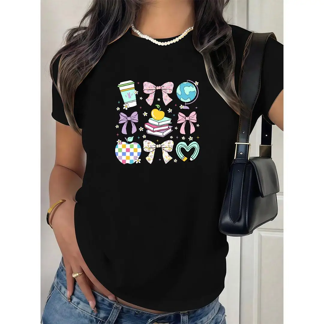 

Women's Teacher T-Shirt Cute School Supplies Graphic Tee Coffee Bows Apple Books Print Educator Appreciation Gift