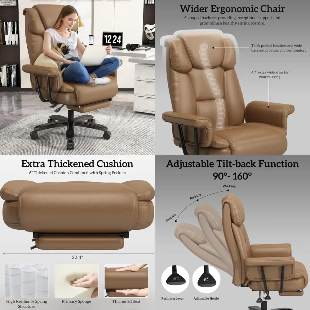 large 160° reclining office chair with wheels, high back, wide seat, armrests, footrest, brown