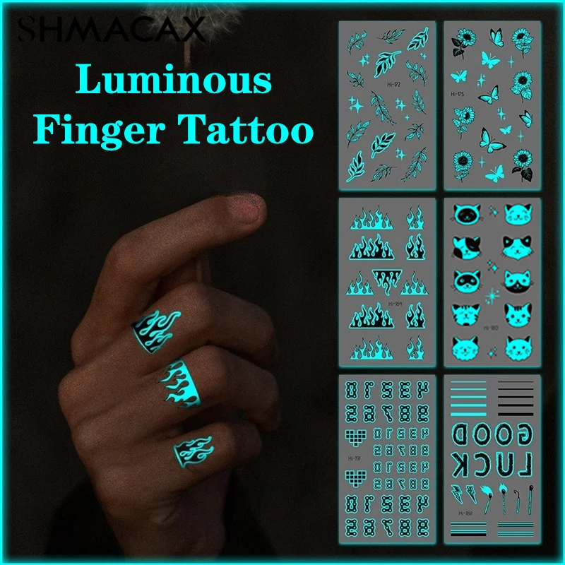 Blue Luminous Tattoo Sticker Butterfly Letter Cat Glowing Temporary Tattoo Small Finger Wrist Fake Tattoo For Women Men