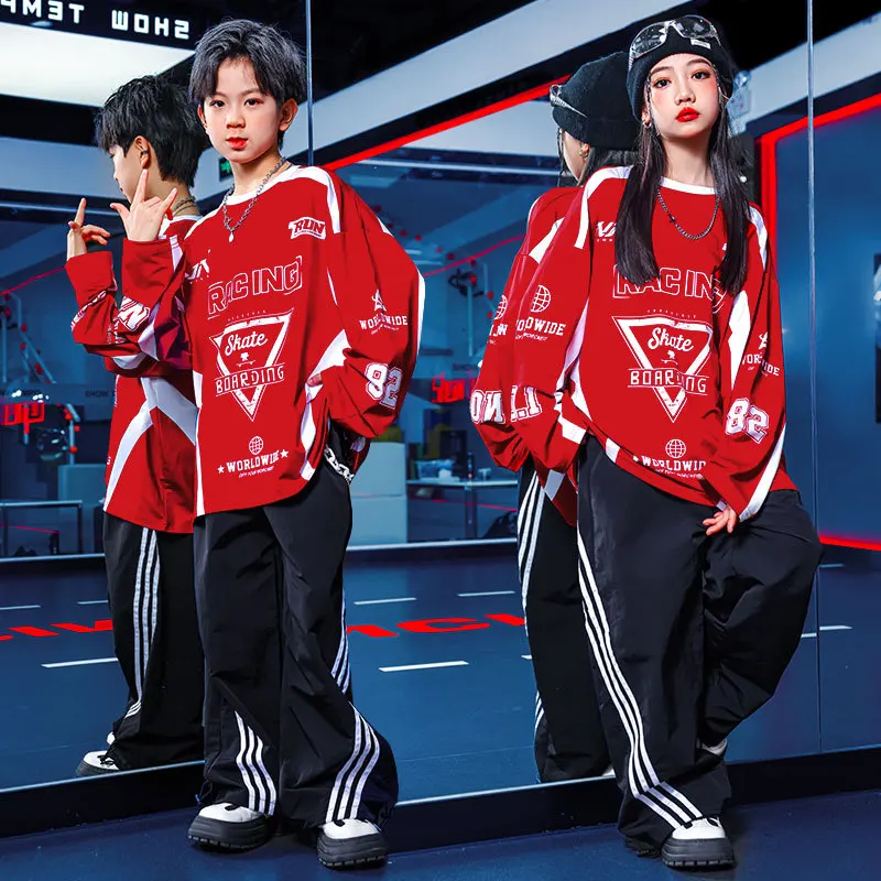 

Children'S Show Hip Hop Children'S Clothes Fashion Boys Red Long Sleeve Top Set Girls Stage Catwalk Dancing Black Trousers 2 Pie