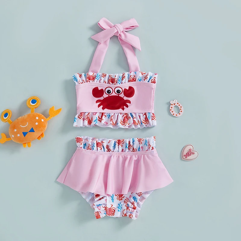 

Kids Girls Ruffle Bikini Swimsuit Summer Crab Print Swimwear Halter Neck Tops and Elastic Shorts Set Infant Baby Bathing Suits
