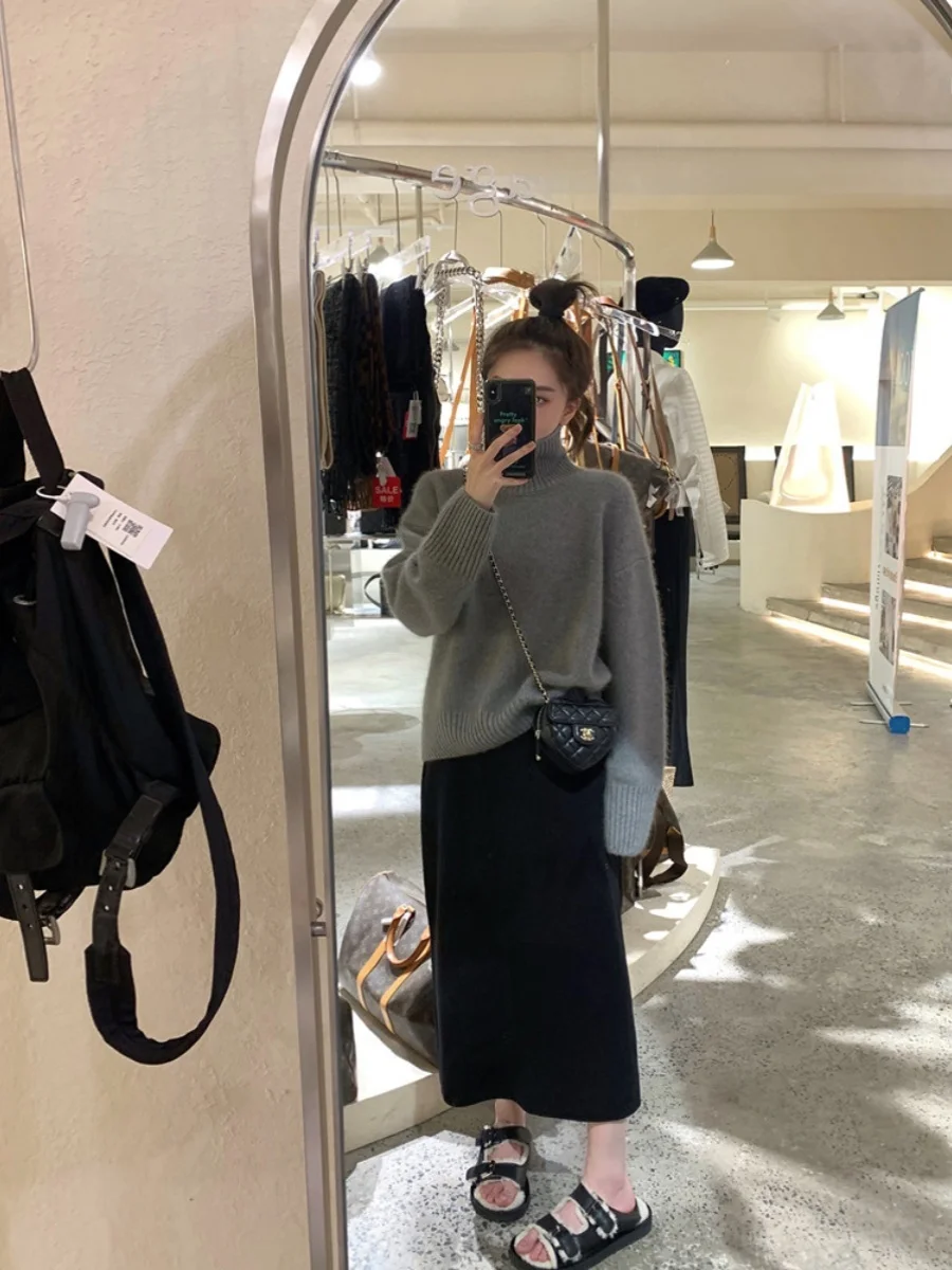 Women's Wool Knitted  Skirt High Waist Straight Cut Autumn Winter Long Skirt Elegant Simple Color High Quality Step Skirt