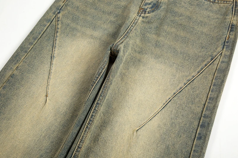 Vintage übergroße Split Deconstructed Herren breite Jeans Baggy Yellow Mud Dyed Washed Denim Jeans Cat Whisker Straight Denim Hose – Detail 14
