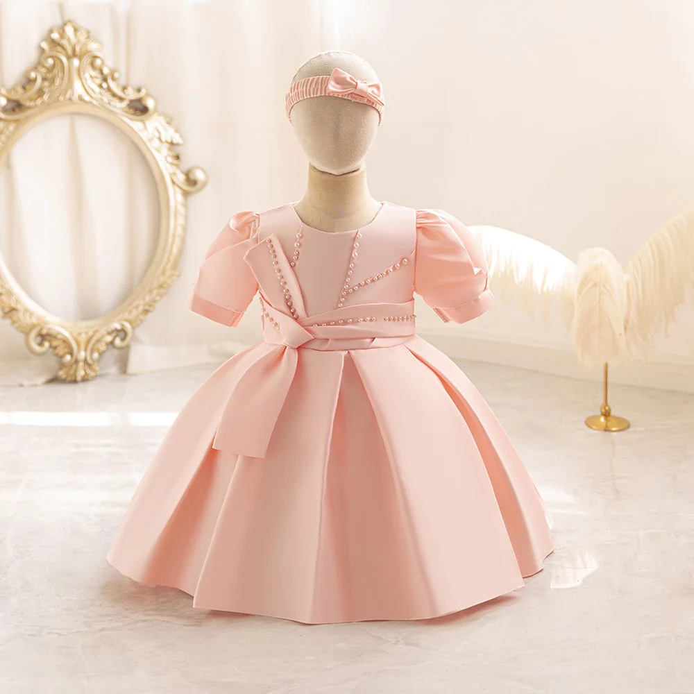 HETISO Baby Princess Dress with Headband Beading Girls Christmas Satin First Birthday Party Ball Gown Fashion Belt 1-5 Years