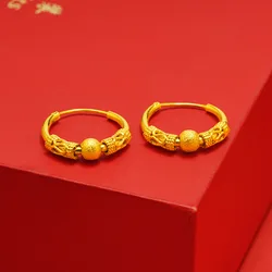 Genuine 18K Gold Ethnic Style Round Vintage Earrings Drop Earrings for Women Wedding Daily Wear Gold Earring Fine Jewelry Gifts