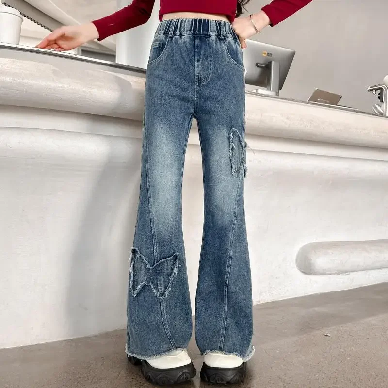 

Fashion with Butterfly Jeans for Girls Spring Autumn Kids Vintage High Waist Denim Flare Pants 2025 New Teenage Slim Trousers