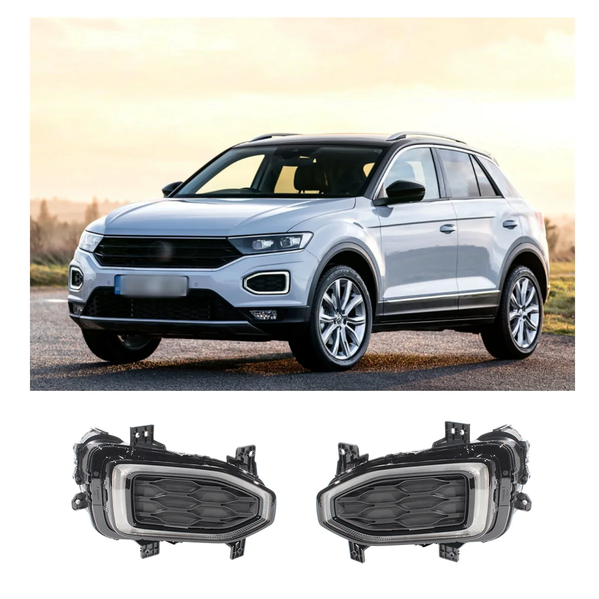 Front Bumper LED DRL Daytime Running Light Fog Lamp+Grille Cover For VW T-ROC Deluxe 2018 2019 2020 2021 2022 Car Accessories
