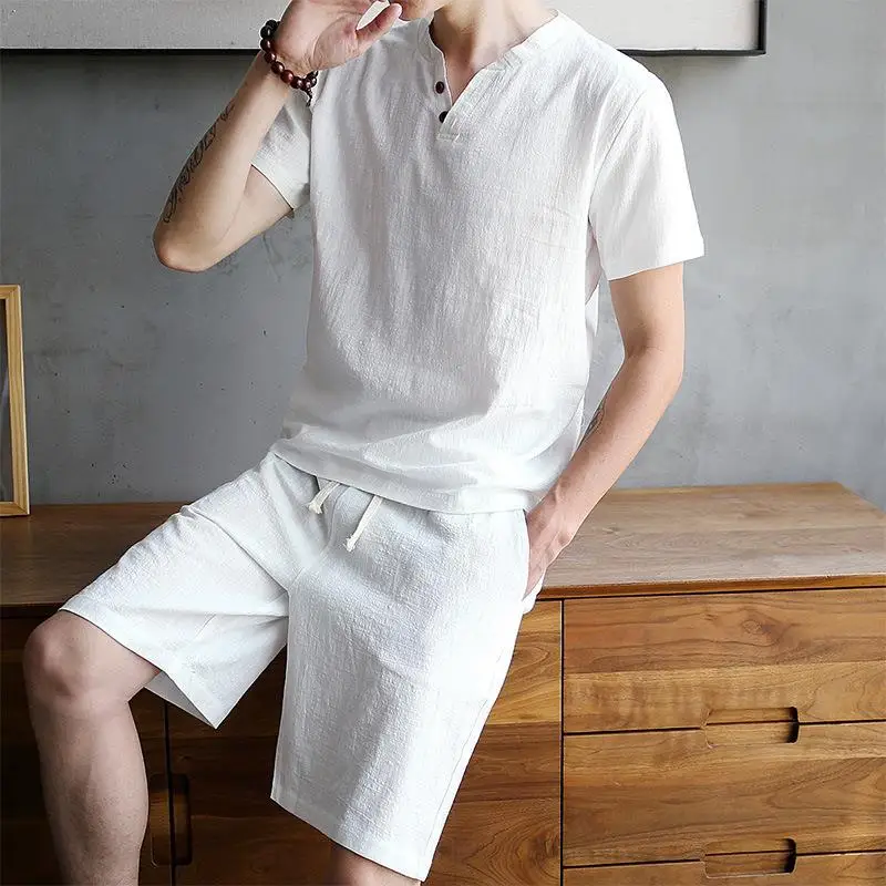 

Men's Cotton Linen Set T-shirt Short Sleeve plus Size Comfortable Breathable Casual Sportswear Autumn Season Seven-Foot Pants