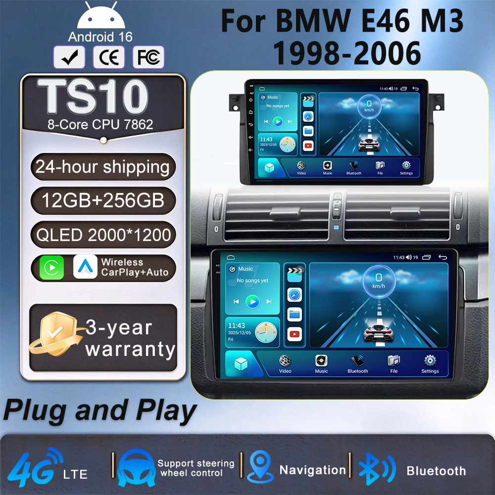Android 16 Car Radio For BMW E46 M3 1998-2006 Carplay Auto Multimedia Video Player 2Din 4G+WIFI GPS Navigation Head Unit Stereo