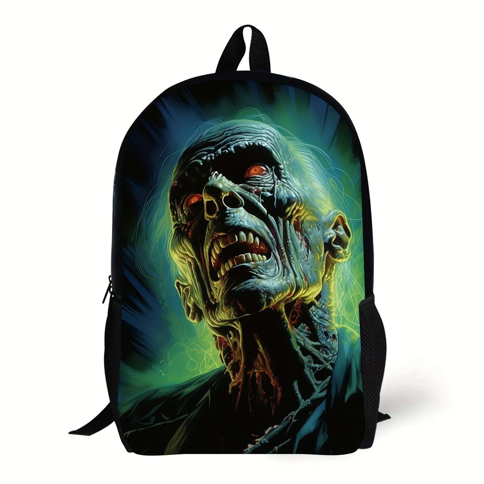 Terror Print Backpack: Lightweight Travel Knap, Adjustable Straps, Foldable, Zip Closure, Polyester Material, Street Style