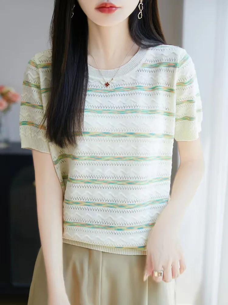 

Женская футболка в полоску с полой ор Све, лето 2023, новинка Sle Base irt, модный вязаный топ из ледяного шелка большого размера