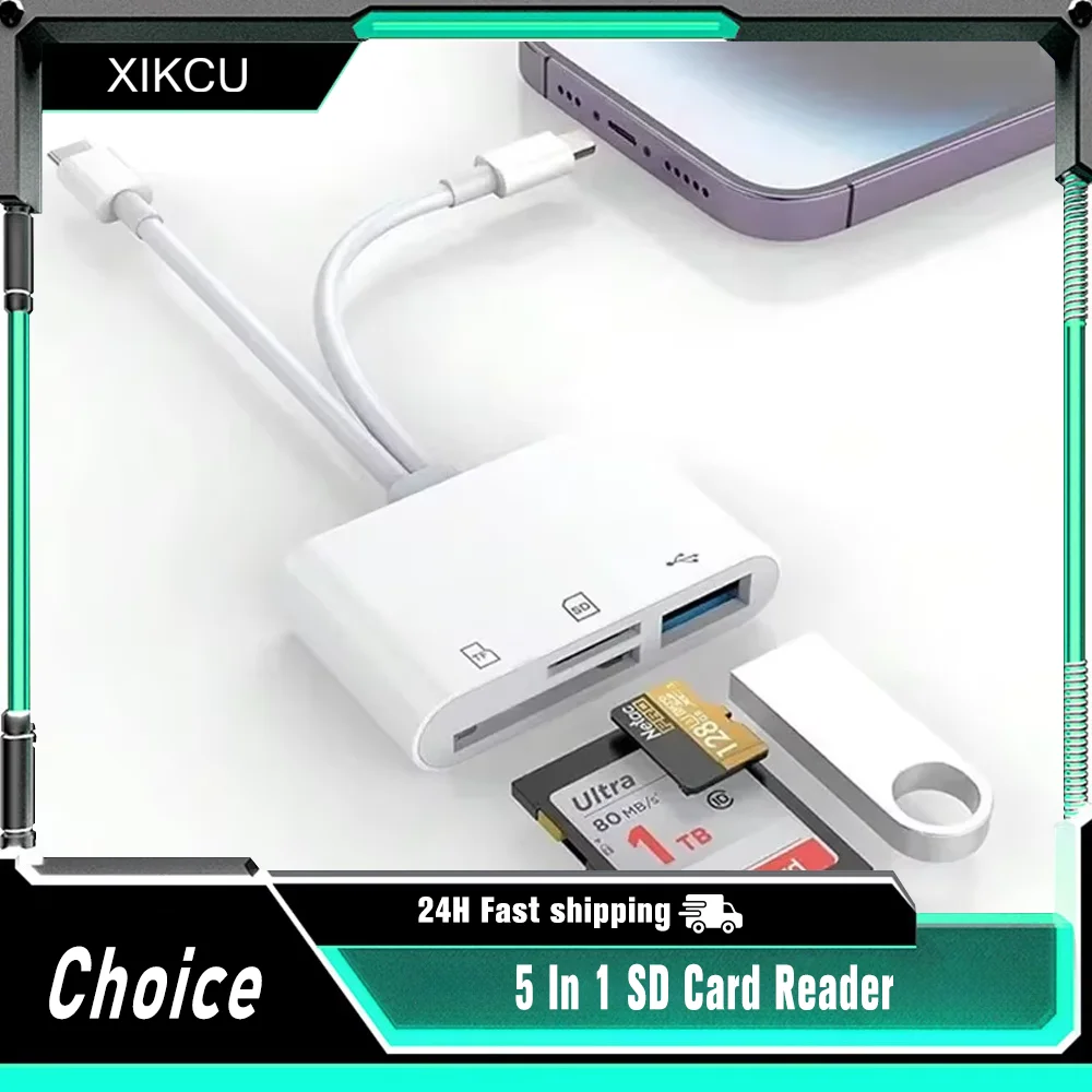 5 In 1 SD Card Reader 8 pin /Type C to USB 3.0/SD/TF Card Adapter Memory Card Reader for iPhone iPad MacBook Samsung Androd