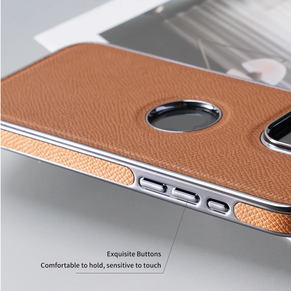 for Magsafe Case for iPhone 15 16 Pro Max Promax 16Pro 15Pro Natural Cowhide Leather Luxury Plating Logo Hole Back Cover view 5