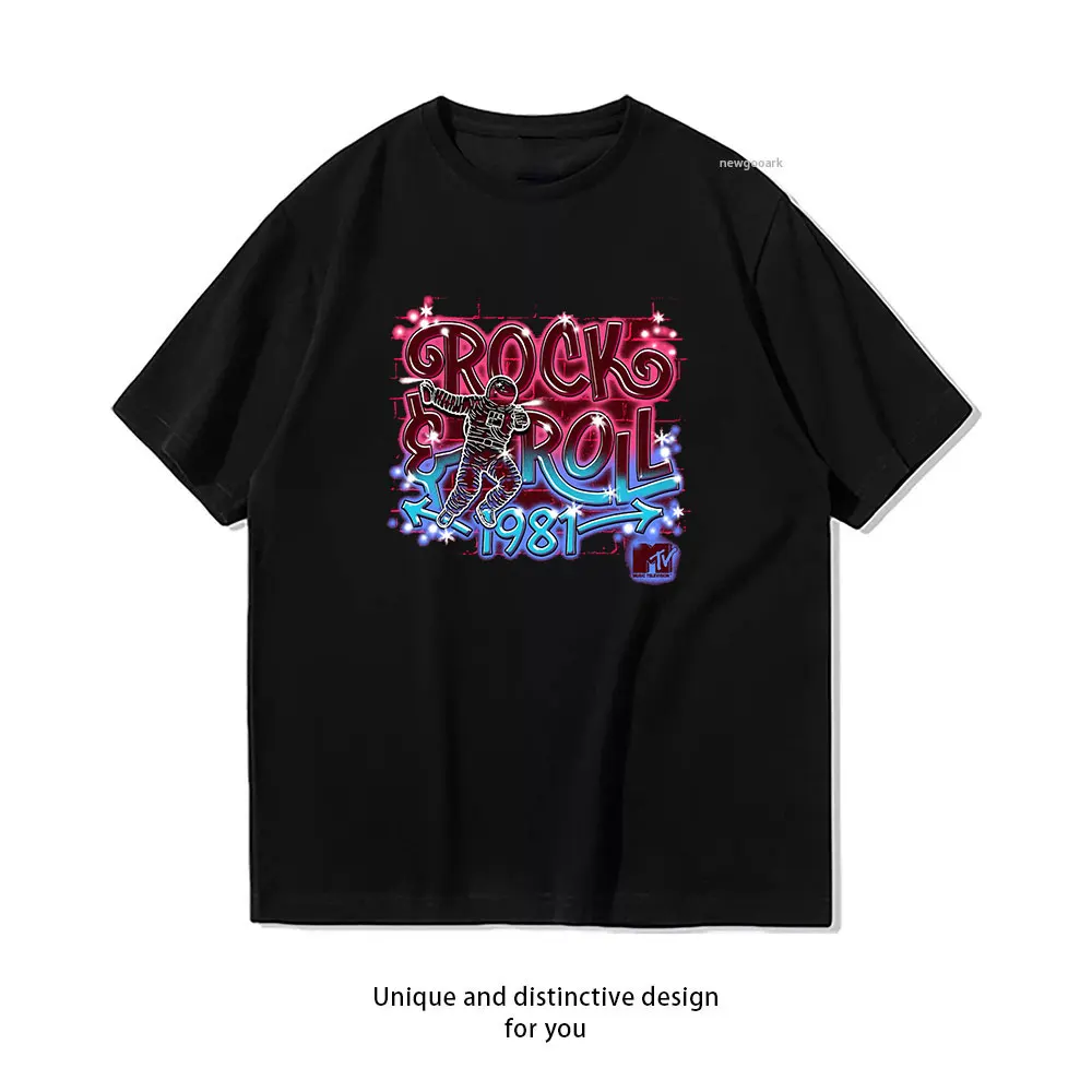 Camiseta MTV Rock & Roll 1981 Neon Vintage Music Video Essential para mujer y hombre, camisetas informales de algodón con estampado, ropa de calle, camisetas
