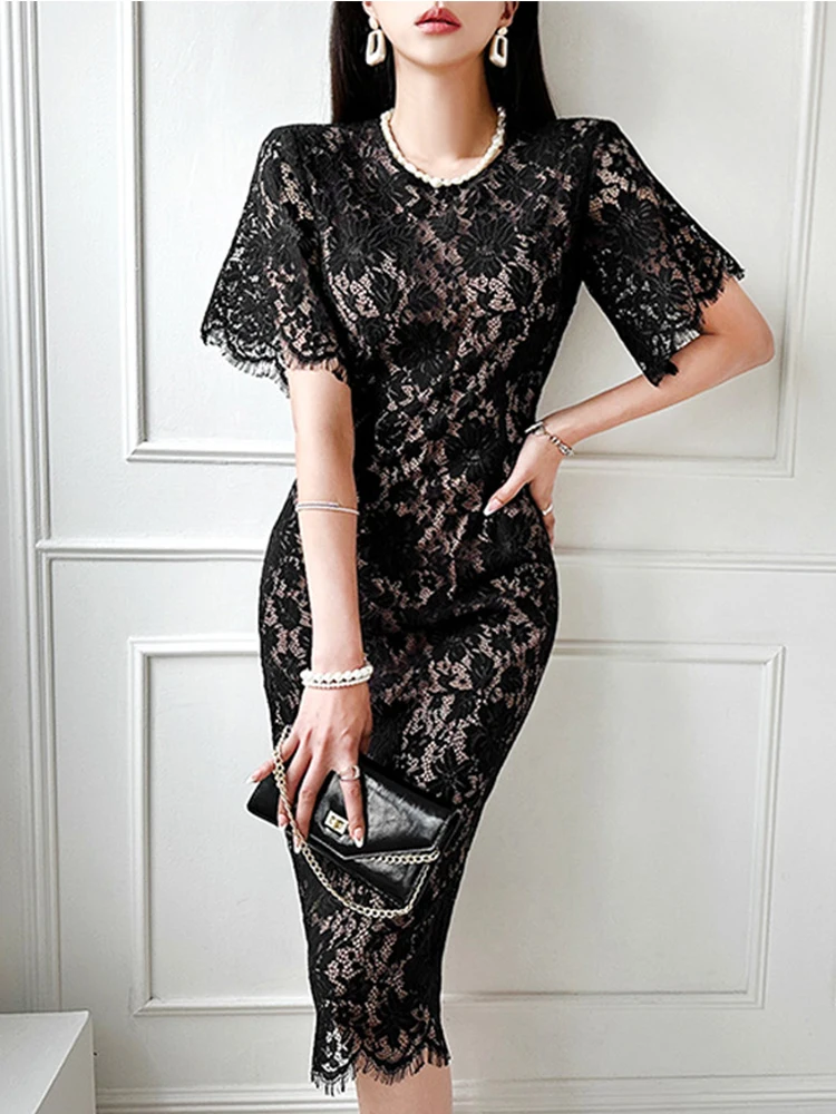 Fashion Summer Lace Dress Women Elegant Ladies Solid O-Neck Short Sleeve Slim Wrap Hip Midi Party Mujer Vestidos Street Clothes