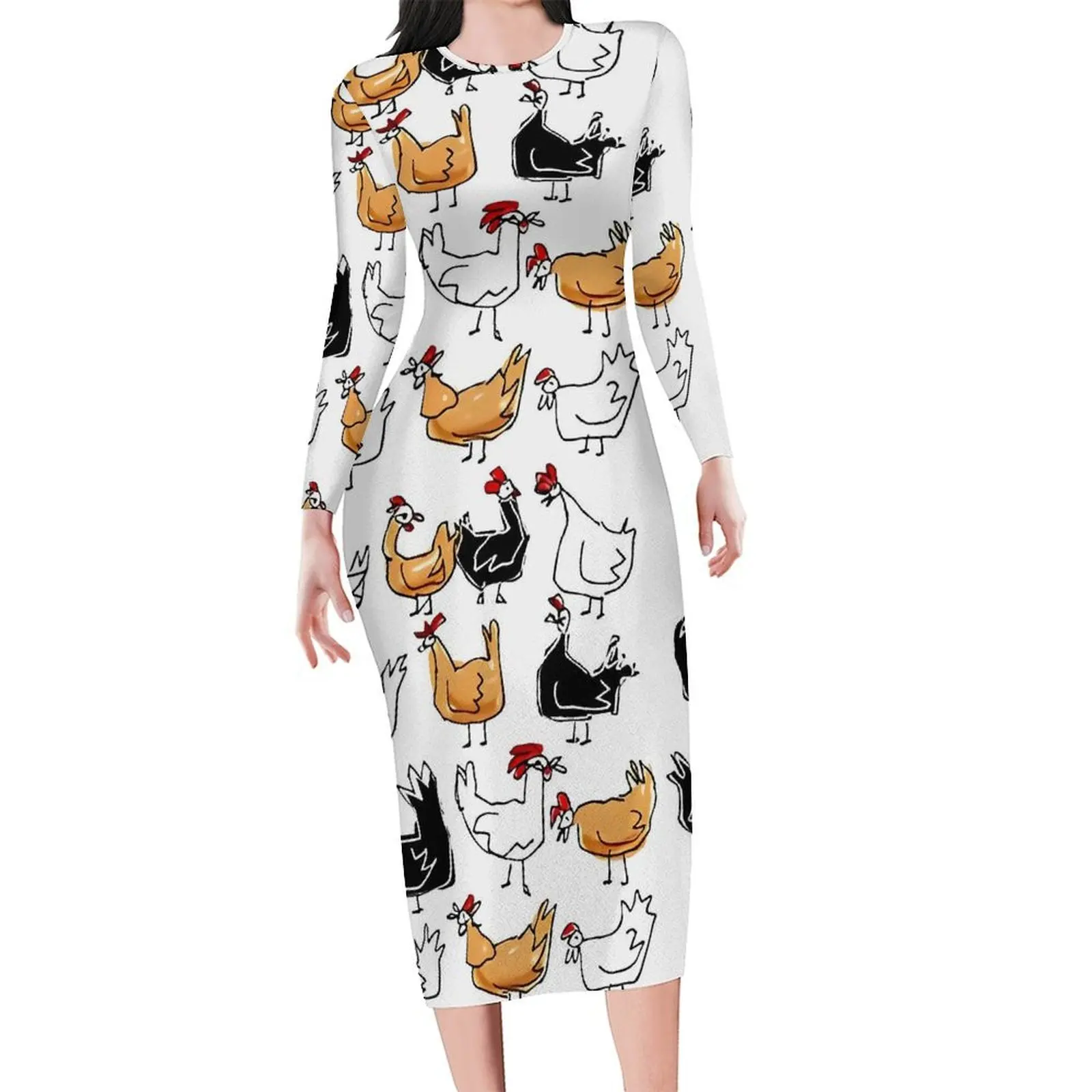 Chickens Brood Dress Female Abstract Animal Aesthetic Bodycon Dress Holiday Long Sleeve Pretty Dresses Graphic Oversize Vestidos