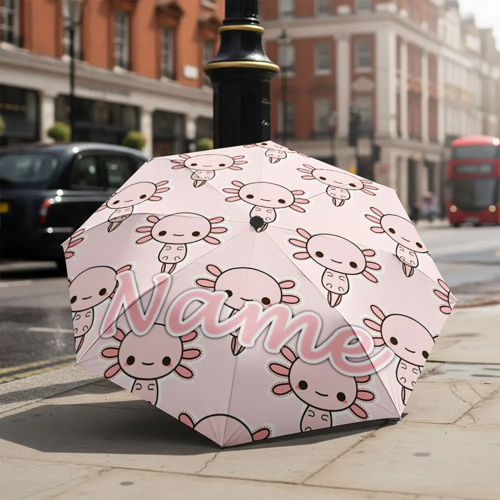 Custom Name Umbrella Cute Pink Axolotl Seamless Pattern Print Folding Umbrella Compact Portable Travel Parasol For Kids Girls