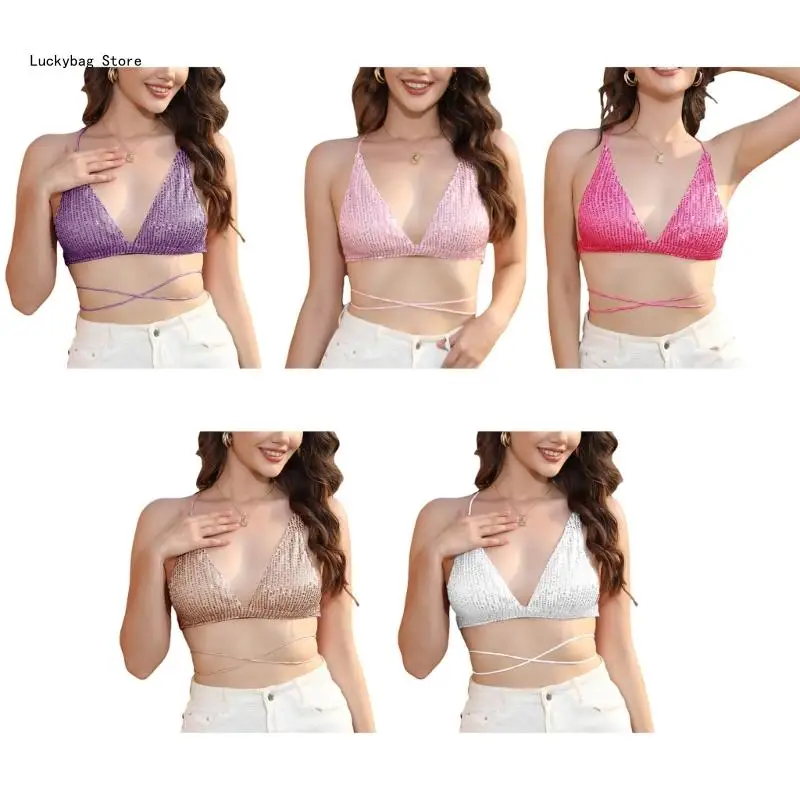 

Women Lace Up Triangualr Deep V Bra Vest Sequins Halter Backless Crop Top