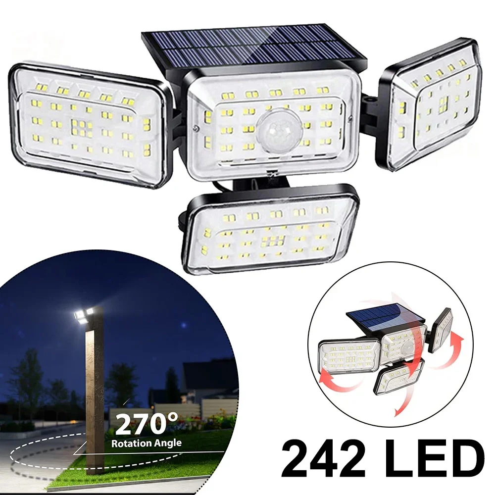 

242LED Трехголовая лампа с датчиком движения, высокая яркость, фонари безопасности, уличные фонари на солнечной энергии, 3 режима освещения, для гаража