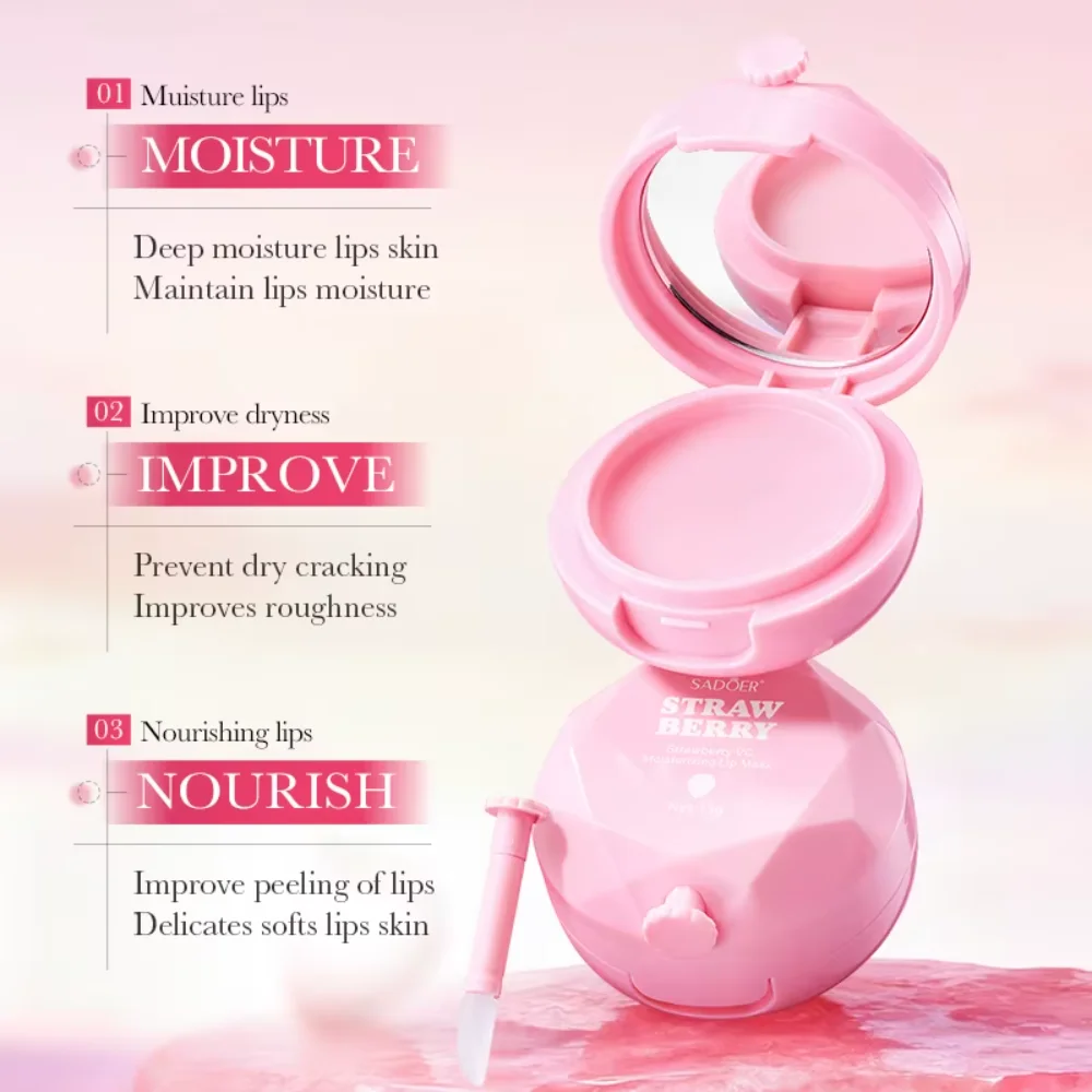 SADOER Strawberry Vitamin C Lip Mask in A Mirrored Compact Moisturizing and Nourishing Daily Lip Care for A Soft and Smooth Feel