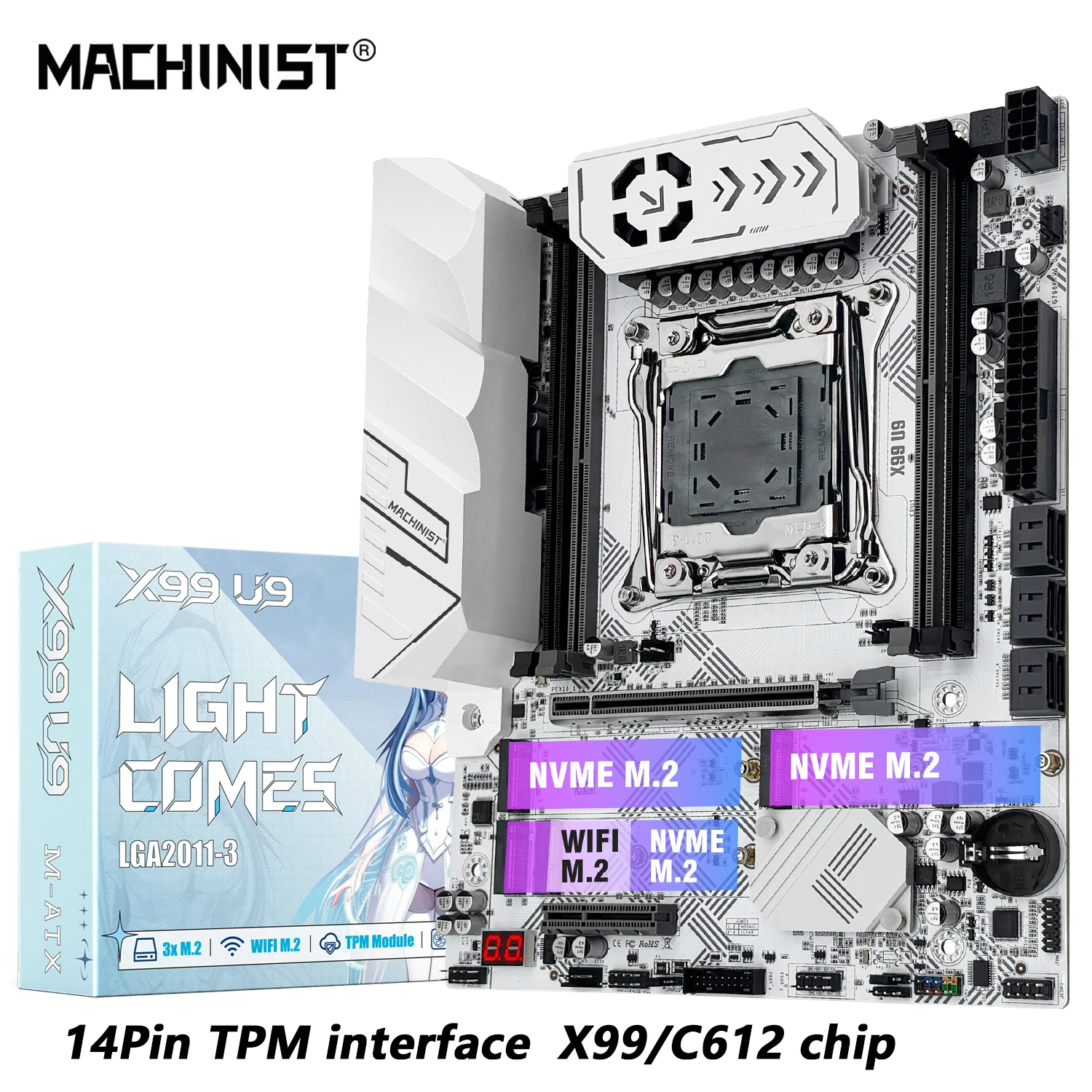 

MACHINIST X99 U9 Motherboard C612 chip Support DDR4 RAM Four channels LGA2011-3 CPU With TPM and M.2 slot White Armored USB3.0
