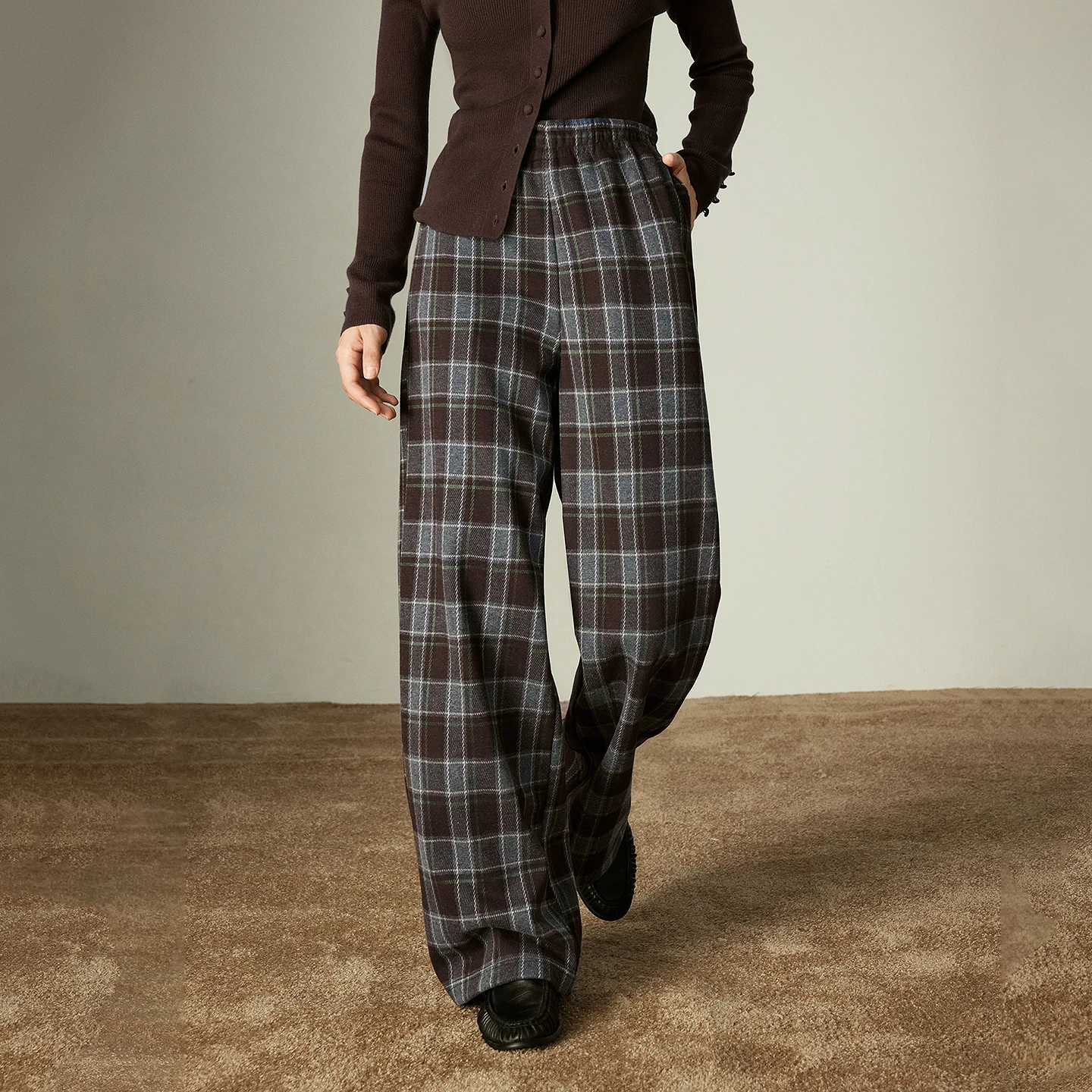 TOYOUTH dames wijde pijpen broek 2025, winter nieuwe vintage geruite fleece gevoerde luie ontspannen pasvorm elastische taille casual broek