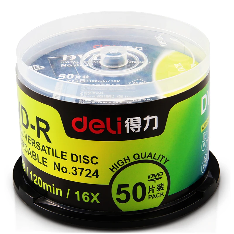 Deli 3724 50PCS/Box DVD-R Blank Recordable Discs 4.7GB 120min 16X Speed for Data Video Storage Office Suppliers