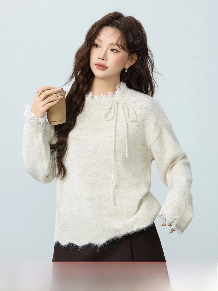 

Новый зимний свитер большого размера с кружевной отделкой, на завязках, с лоскутным узором, вязаный топ для женщин, повседневный, из полиэфирного волокна