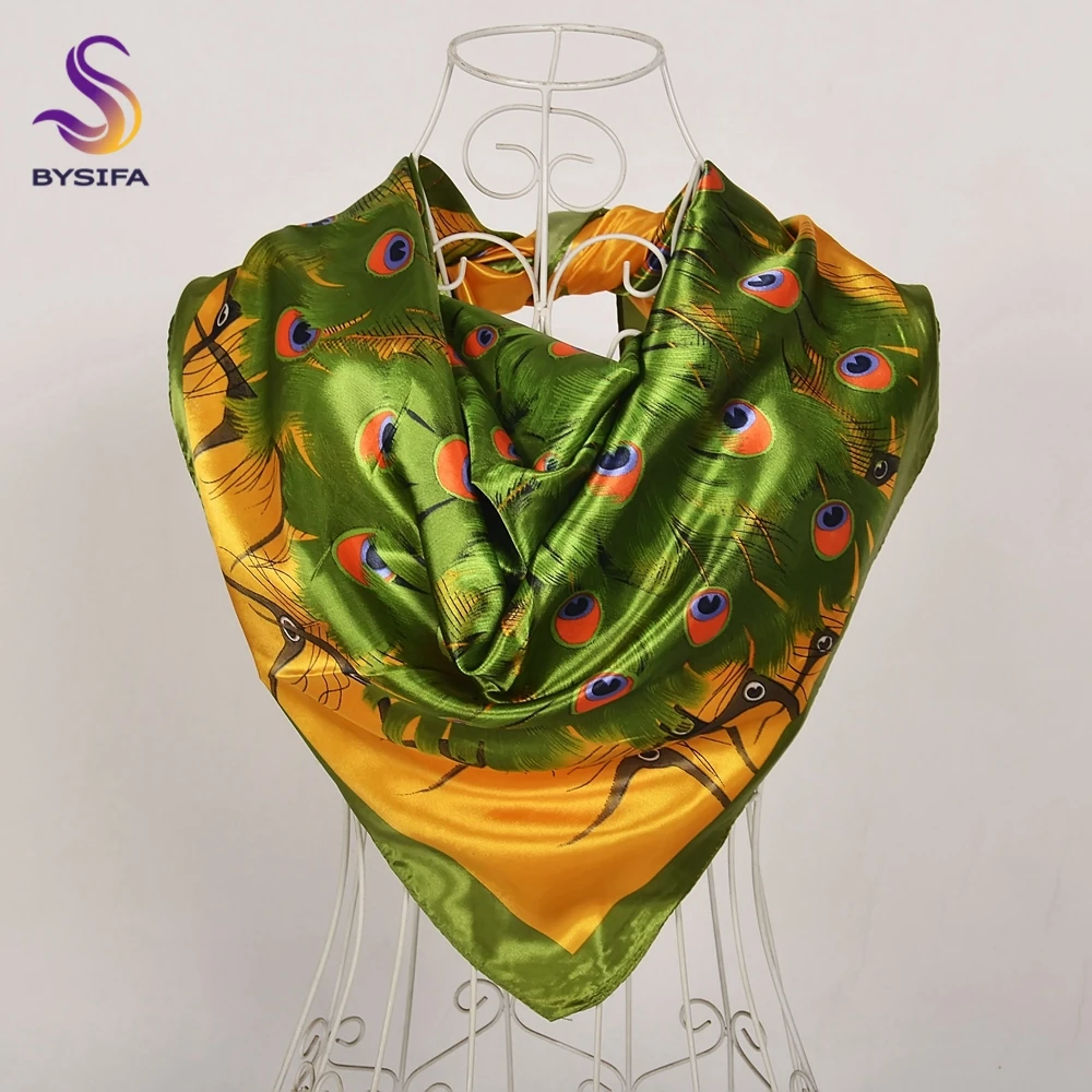 BYSIFA|Blue Green Peacock Silk Shawl Ladies Fall Winter Neck Head Scarf Scarf Summer Beach Shawls Chinese Style Silk Scarf Hijab