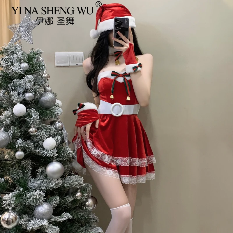 Christmas Sexy Plush Bunny Girl Uniform Cosplay Costume Velvet New Year Red Dress Nightdress RolePlay Outfits Underwear for Girl