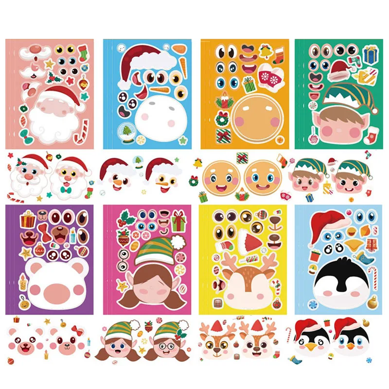 6-24Sheets DIY Make A Face Stickers Make Your Santa Claus Snowman Craft Stickers Puzzle Jigsaw Kids Boys Girls Christmas Gifts