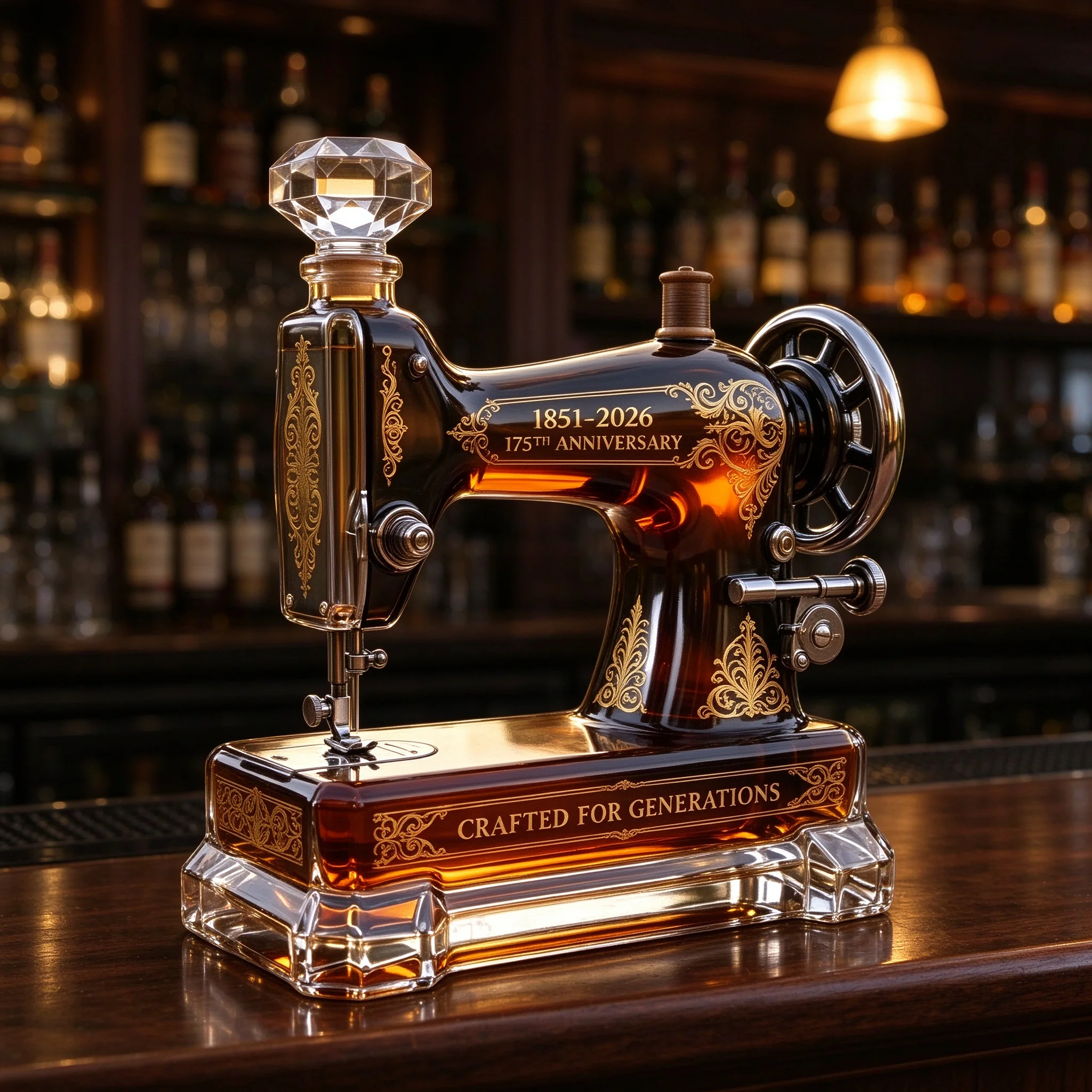 Retro Sculptured Glass Whiskey Decanter, Decorative Sewing Machine Shape Spirit Bottle, Home Bar Display Ornament, Unique Wine