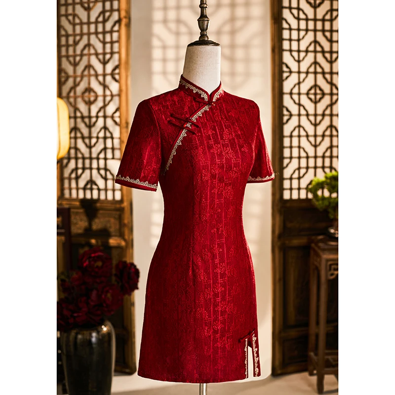 

Red Wedding Dr ort Lace Evening Gown Women's Sle Low Slit Vintage Look Polyester Fiber for Wedding Ceremony