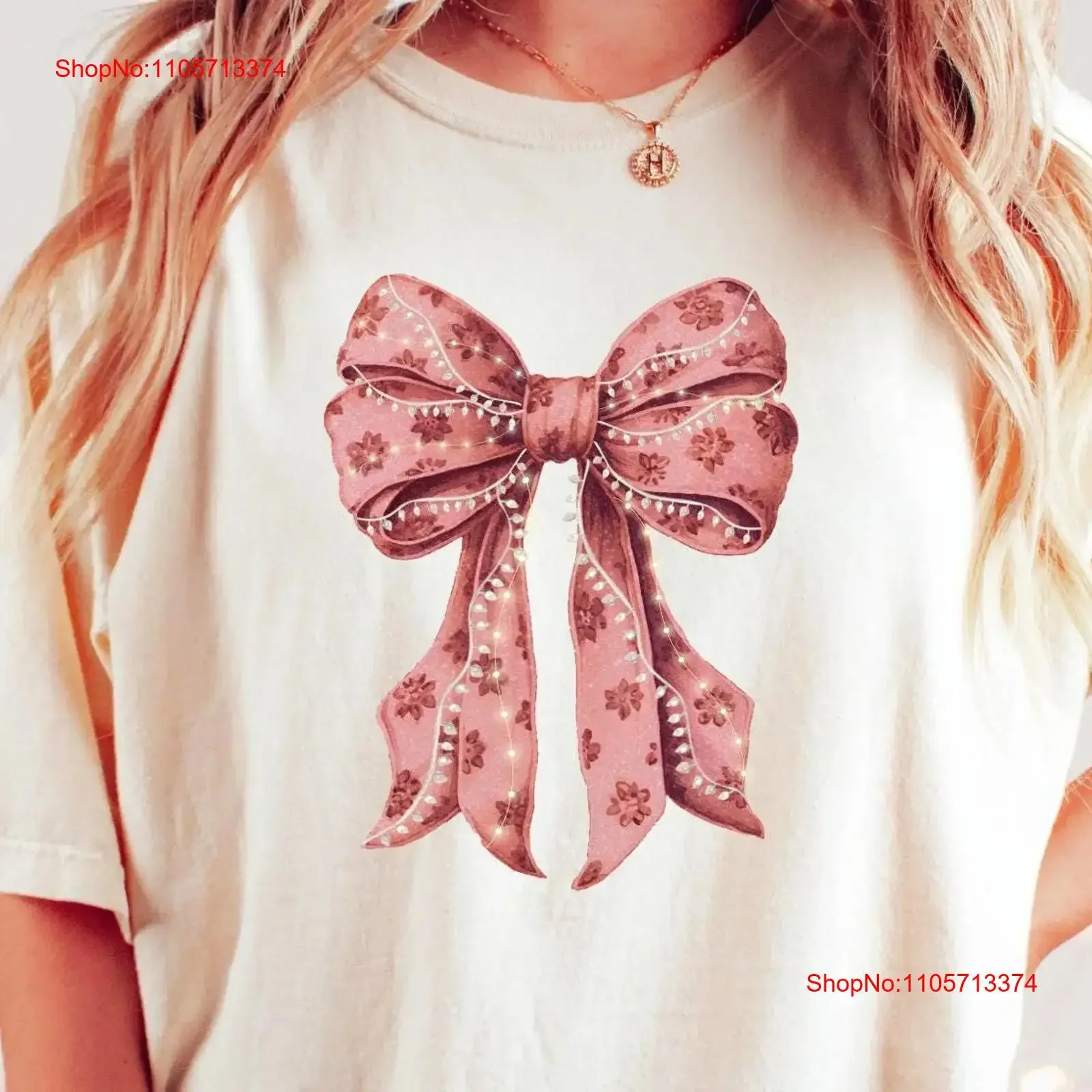 Coquette Bow Christmas T Shirt Preppy Lights Vintage Toile PJs Shirtn Girl Holiday Cute Winter Crewneck vintage Washed graphic