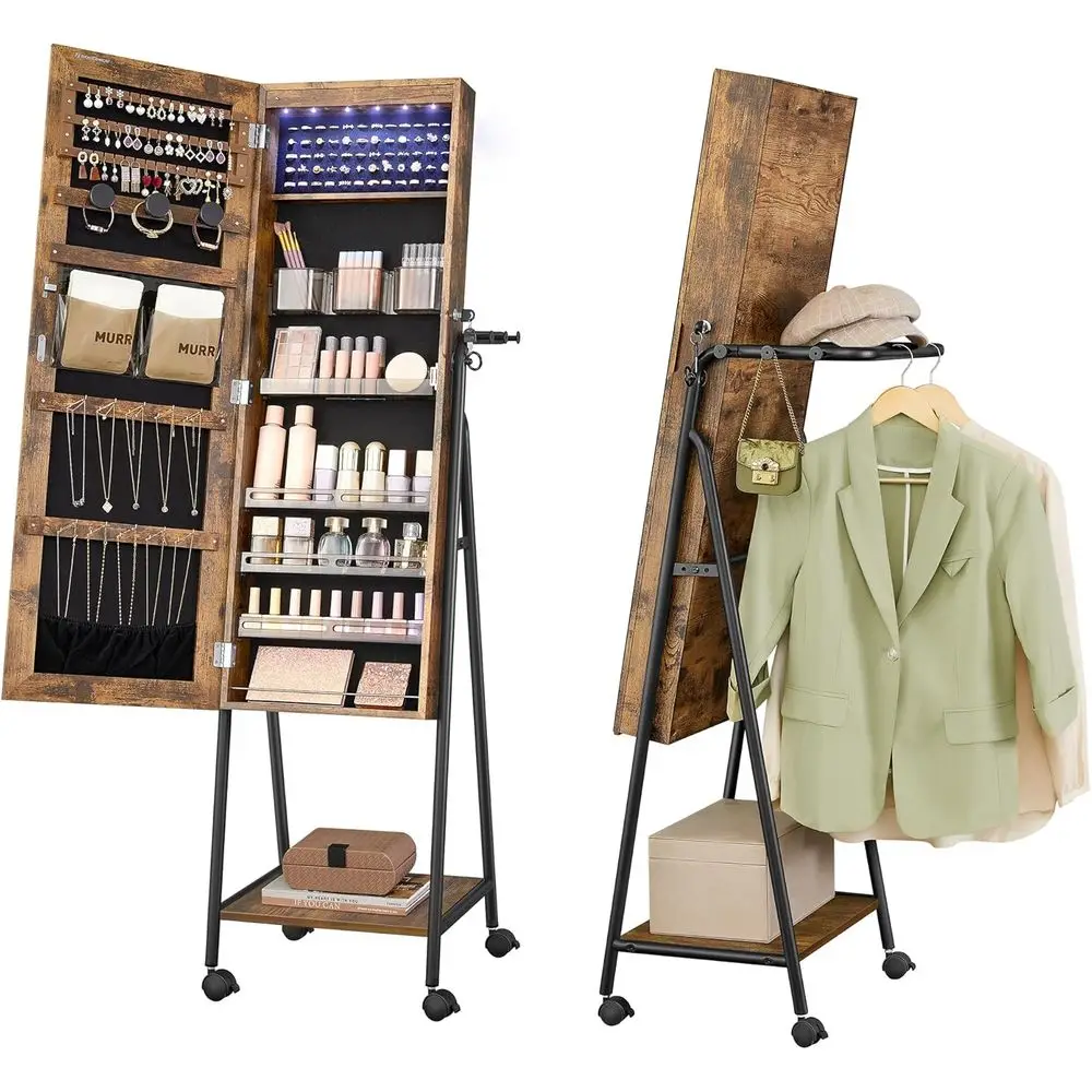 6 LED Lockable Mirror Cabinet, Organizer, Standing Armoire with 4 Wheels, Mirror Storage, Coat Rack, Shelf, Rustic Brown and Bla