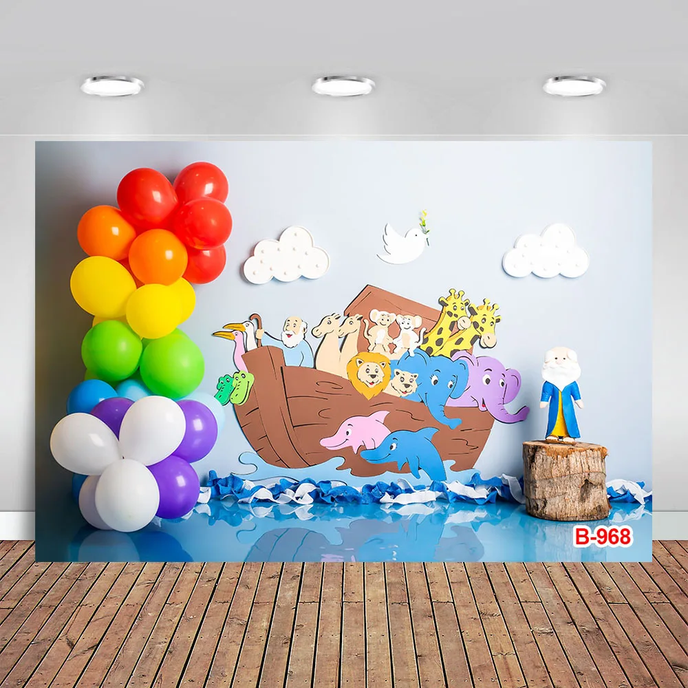 Cartoon Noah\'s Ark Photography Background Wild Safari Animals Baby Shower Kid Birthday Party Backdrop Photo Studio Prop