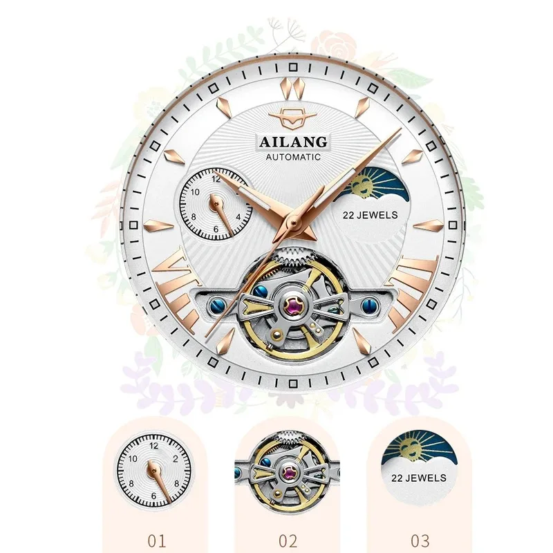 Reloj Automático Tourbillon para Mujer, relojes mecánicos impermeables, sol, luna, monturas doradas rosas