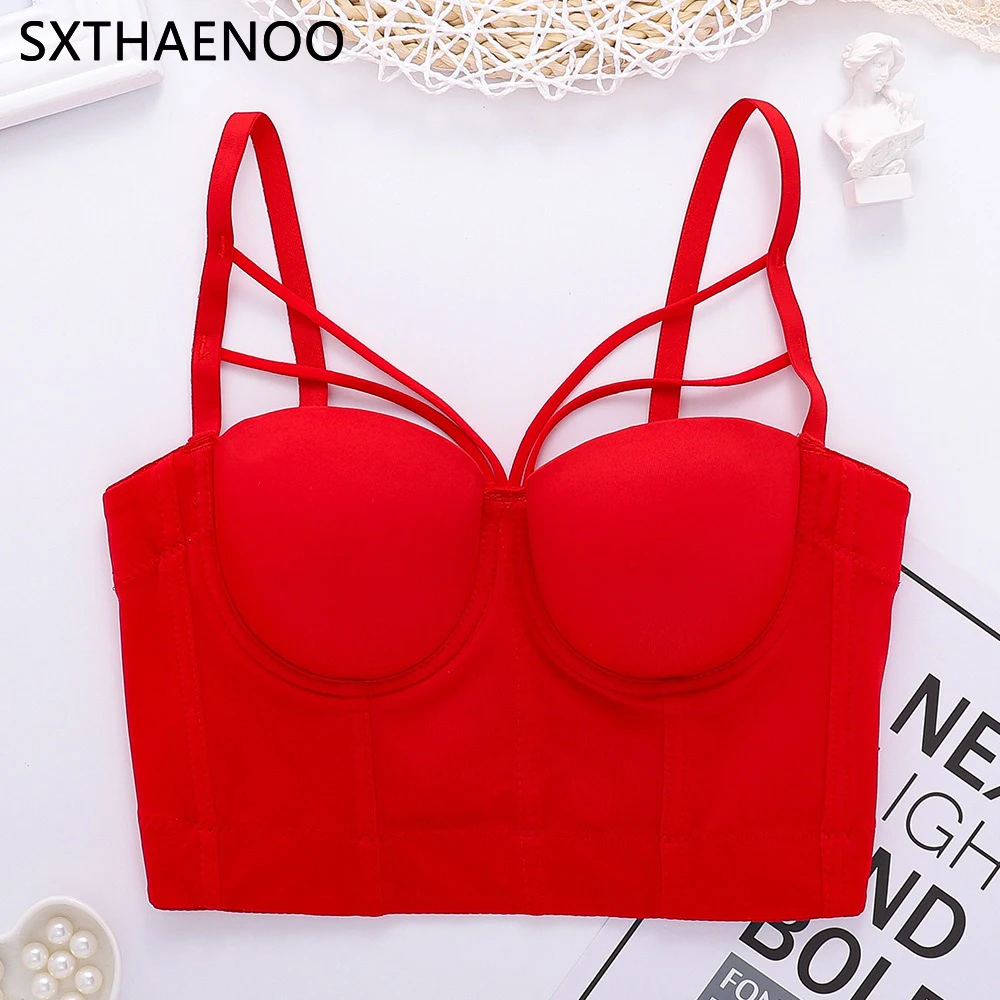 

SXTHAENOO 2023 Casual Crop Top Lingerie Sexy Sleeveless Short Tops Women Simple Bustiers Solid Corset Woman Push Up Bra Clothes