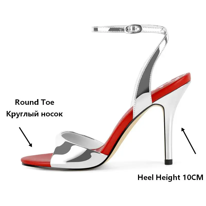 Onlymaker  Open Round Toe Silver Upper Red Insole Polka Dot Sandals 10CM Stiletto Heel Ankle Strap Buckle Party Prom Dress Shoes view 2