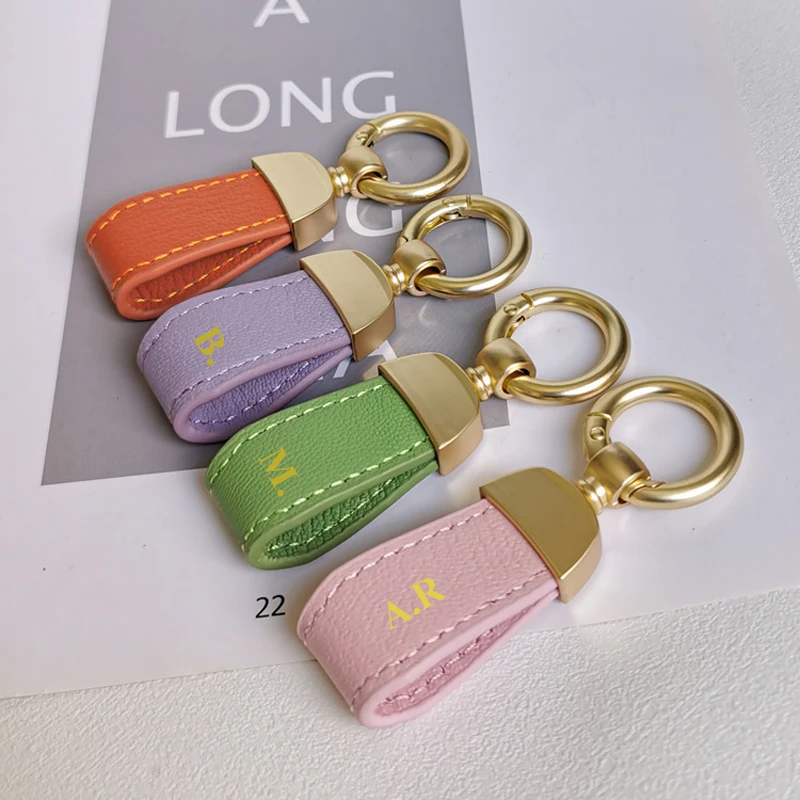 Custom Letters French Sheepskin Car Key Chain Women Delicate Leather Pendant High-end Keychain Lovely Leather Rope Key Holder